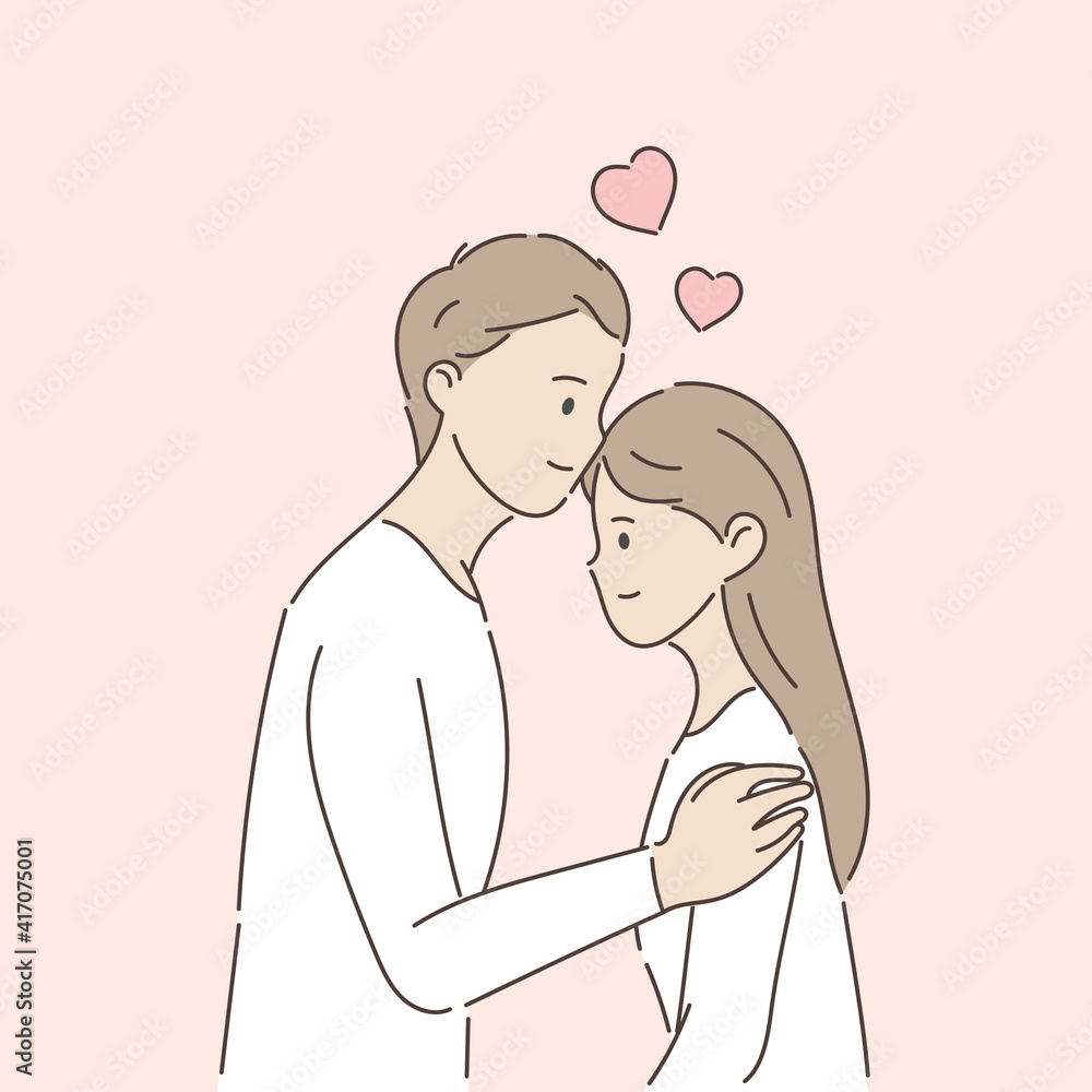 Young couple kissing on pink background. Love and Valentine's day concept. Hand draw style. Vector illustration. Young couple kissing on pink background. Love and Valentine's day concept. Hand draw style. Vector illustration.