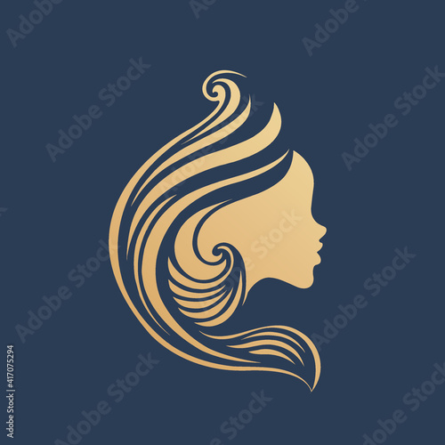 Hair salon logo.Long, wavy hairstyle woman.Profile view portrait.Hairdresser icon.Elegant style.Young lady face isolated on dark background.Beauty studio.Golden color.
