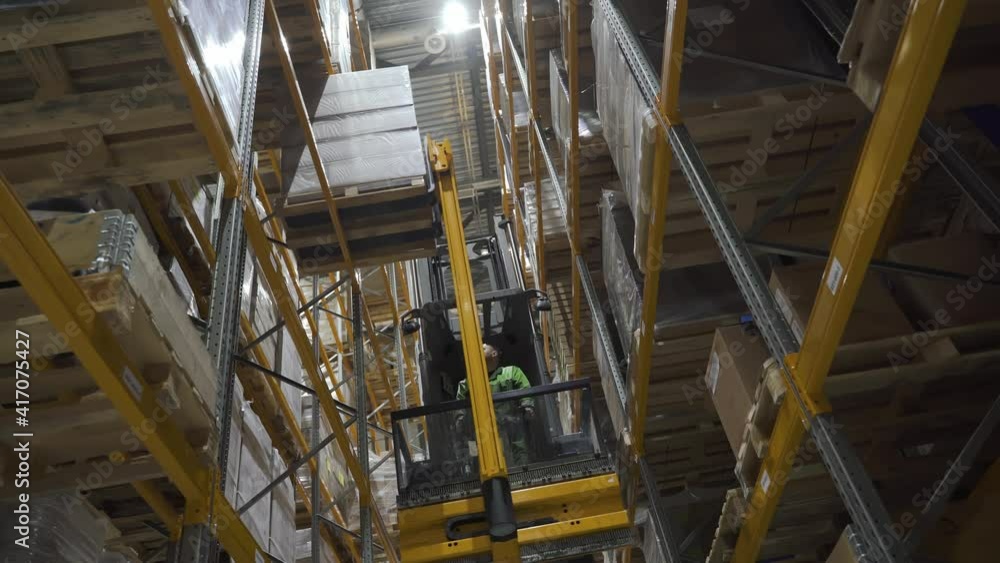 large logistics commerce structure with boxes on the shelf. industry, lifting concept. warehouse worker using car and forklift, loading cardboard goods on racks for transnational export large logistics commerce structure with boxes on the shelf. industry, lifting concept. warehouse worker using car and forklift, loading cardboard goods on racks for transnational export