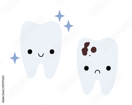 Cute tooth character: healthy tooth with smile and tooth with caries with sad face. Kawaii teeth. Plaque bacteria. Oral care. Dental cavity, teeth hygiene. Vector flat cartoon illustration photo
