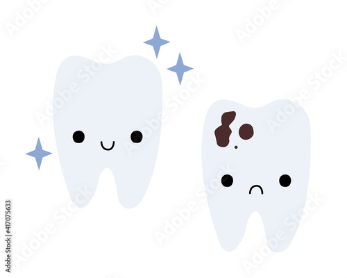 Cute tooth character: healthy tooth with smile and tooth with caries with sad face. Kawaii teeth. Plaque bacteria. Oral care. Dental cavity, teeth hygiene. Vector flat cartoon illustration