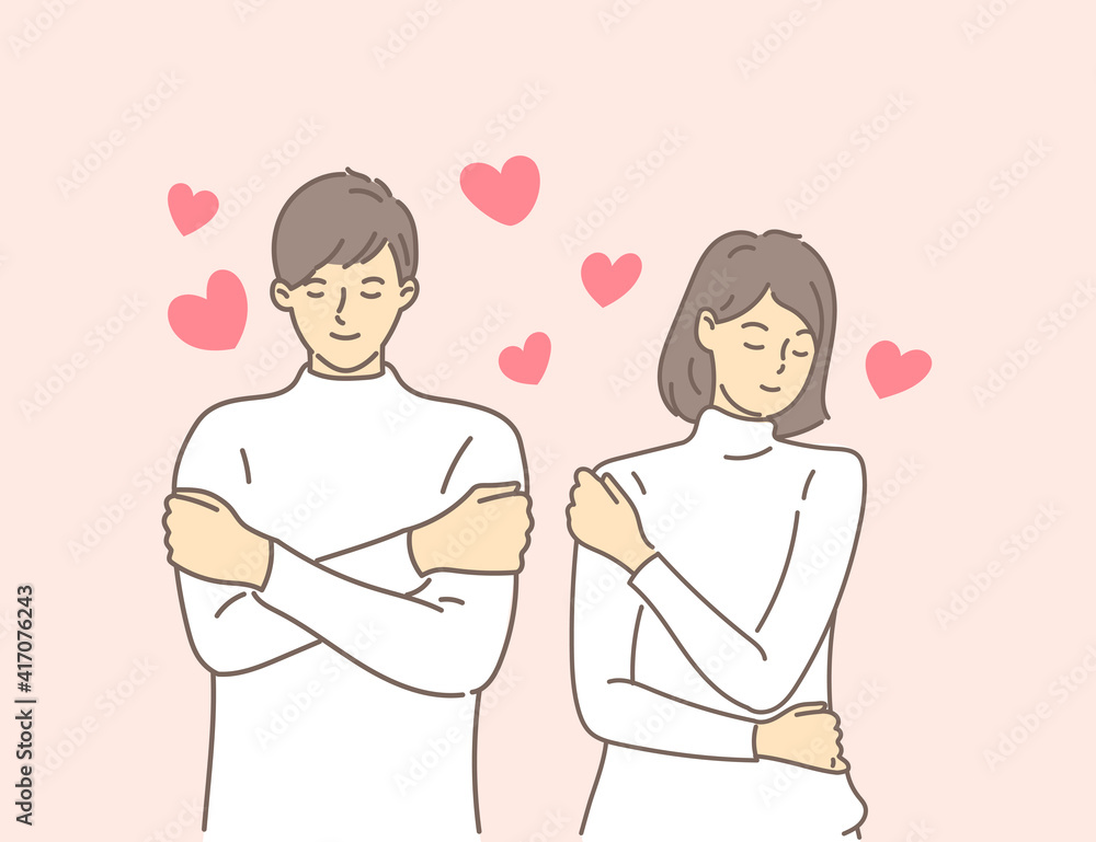 Young couple hugging herself with hearts on pink background. Self love and self care. Love yourself. Love your body concept. Hand draw style. Vector illustration. Young couple hugging herself with hearts on pink background. Self love and self care. Love yourself. Love your body concept. Hand draw style. Vector illustration.