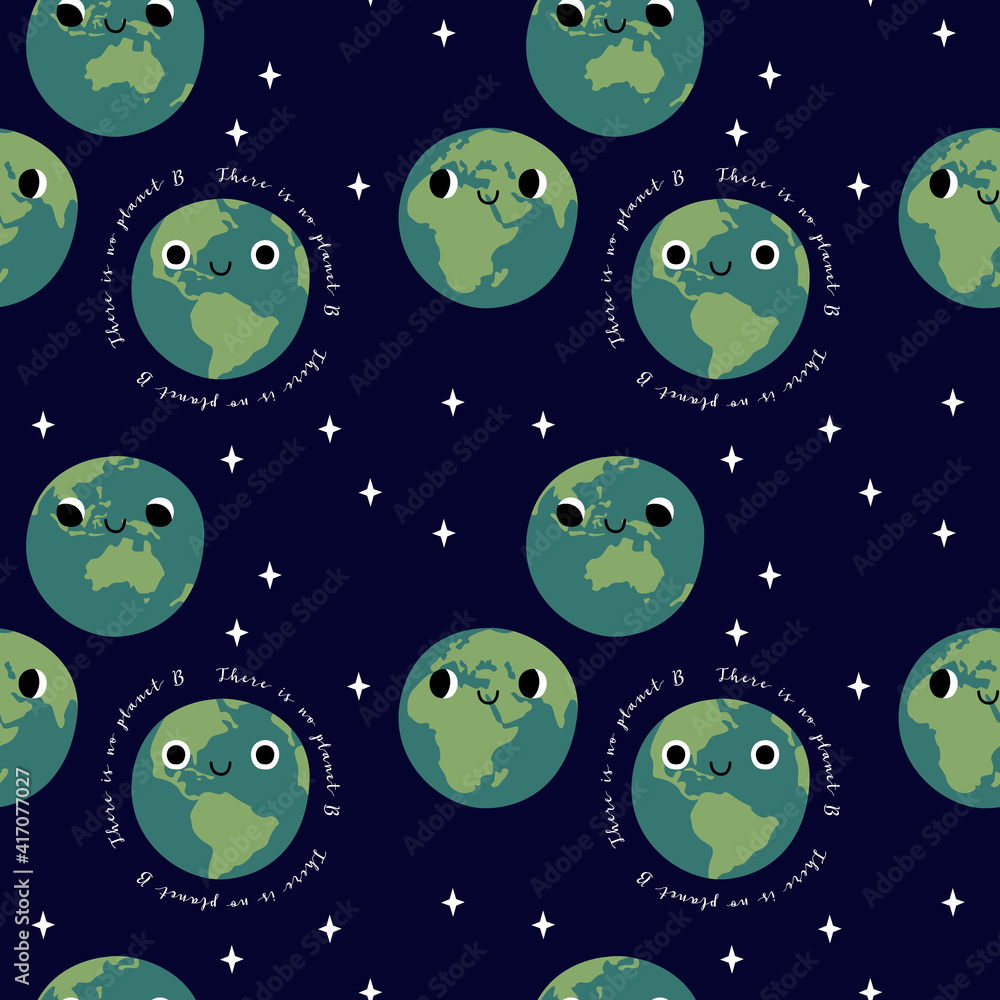 Obraz premium Seamless pattern with cute planet Earth characters with smiling face. Kawaii globe. Funny celestial body. Hands hold our planet. Happy Earth Day, Earth Hour. Vector flat cartoon illustration