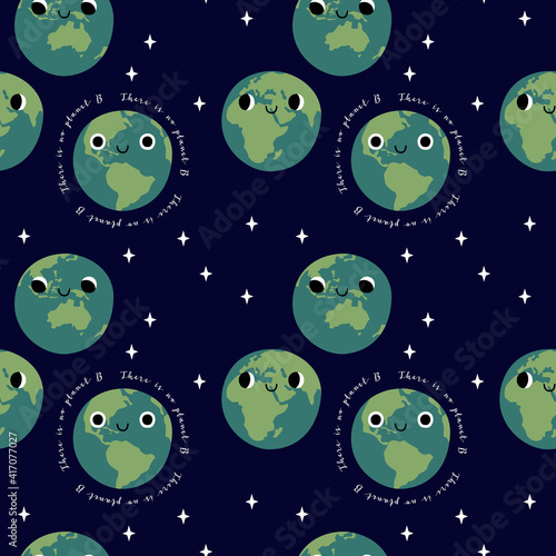 Seamless pattern with cute planet Earth characters with smiling face. Kawaii globe. Funny celestial body. Hands hold our planet. Happy Earth Day, Earth Hour. Vector flat cartoon illustration