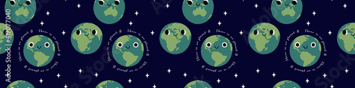 Seamless pattern with cute planet Earth characters with smiling face. Kawaii globe. Funny celestial body. Hands hold our planet. Happy Earth Day, Earth Hour. Vector flat cartoon illustration