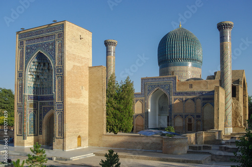 Panorama view of Gur-e Amir, the mausoleum of Timur or Tamerlane, a landmark of UNESCO listed Samarkand, Uzbekistan