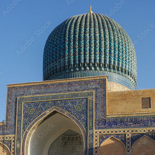 Closeup view of the dome of landmark monument Gur e Amir, mausoleum of Amir Timur or Tamerlane in UNESCO listed Samarkand, Uzbekistan
