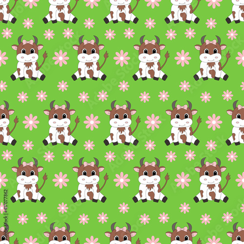 Cute cartoon cow. Vector illustration. Seamless pattern.