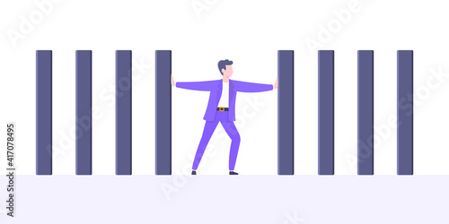 Stop domino effect business resilience metaphor vector illustration concept. Adult young businessman pushing falling domino line business concept of problem solving and stopping domino chain reaction.