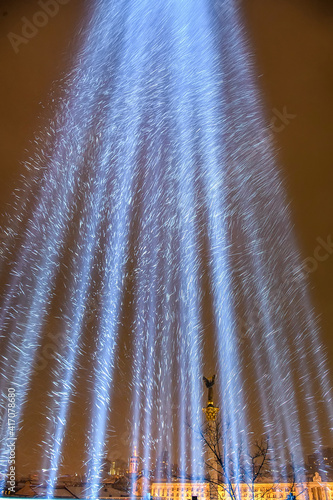 Light beams, which symbolize activist's souls killed during anti-government protests in 2014. Kyiv, Ukraine, 20-02-2021 photo