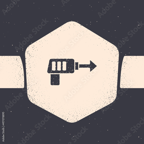 Grunge Fishing harpoon icon isolated on grey background. Fishery manufacturers for catching fish under water. Diving underwater equipment. Monochrome vintage drawing. Vector.