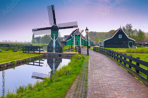 Famous cute touristic village Zaanse Schans, near Amsterdam, Netherlands, Europe