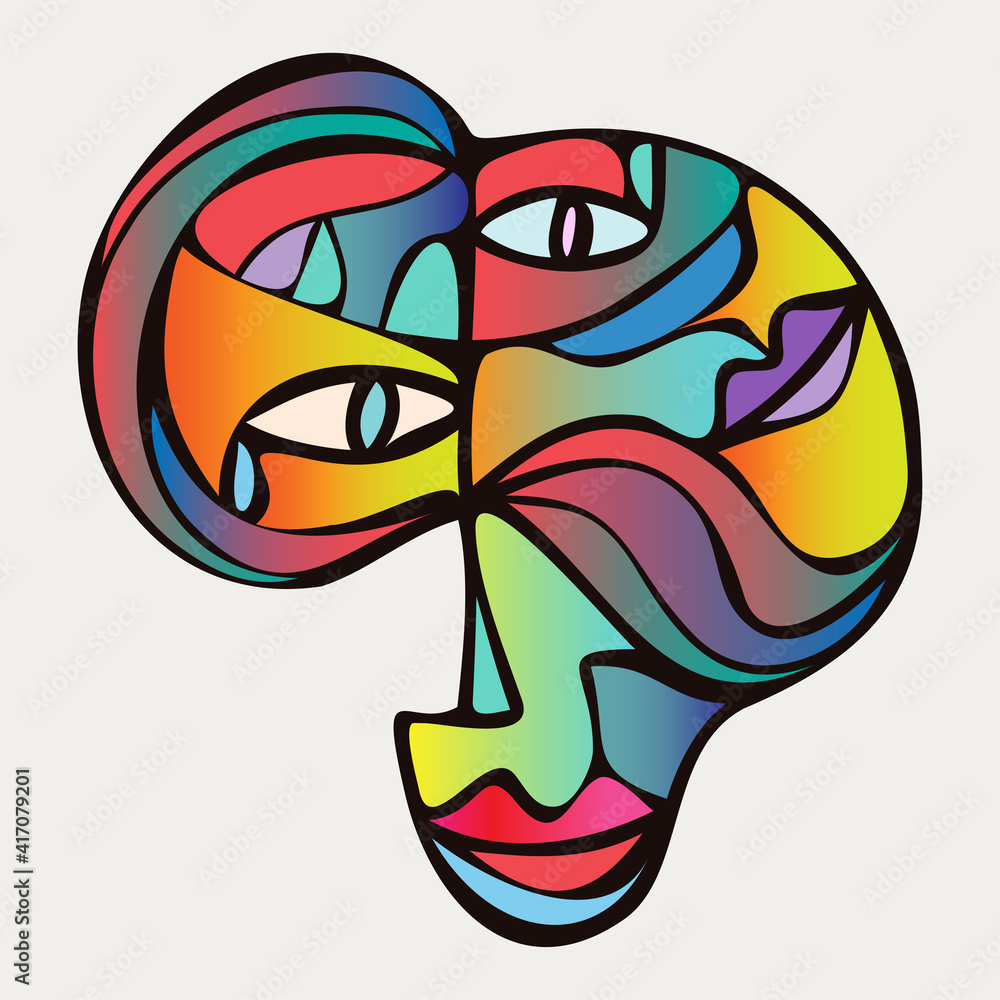 Abstract design of surreal face portrait. Hand-drawn face with a hint of cubism in funky colors. Concept art can be used for fashion, beauty treatment, health, non-gender, and mental wellbeing.