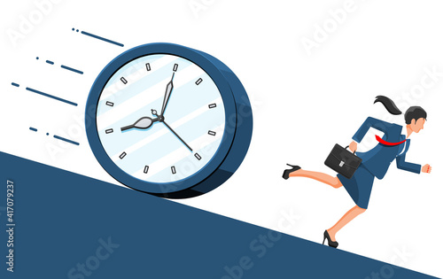 Big clock and businesswoman is fast running with waving necktie and briefcase. Business woman rushing hurry to get on time. Time is money. Flat vector illustration
