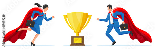 Business competition concept. Businesswoman and businessman competing to get gold trophy. Rivalry between business people in superhero cloaks. Achievement, goal or success. Flat vector illustration