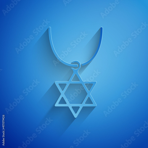 Paper cut Star of David necklace on chain icon isolated on blue background. Jewish religion symbol. Symbol of Israel. Jewellery and accessory. Paper art style. Vector.