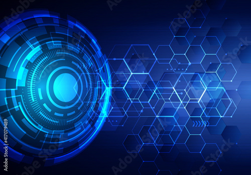Abstract technology futuristic transfer digital data network to center concept. Blue circle internet tech background