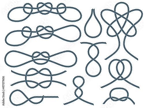 Set of nautical rope knots. Marine rope knot