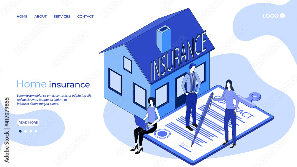 Home insurance.A residential building next to a paper contract.The concept of housing security.3d image.Isometric vector illustration.The landing page template. Home insurance.A residential building next to a paper contract.The concept of housing security.3d image.Isometric vector illustration.The landing page template.