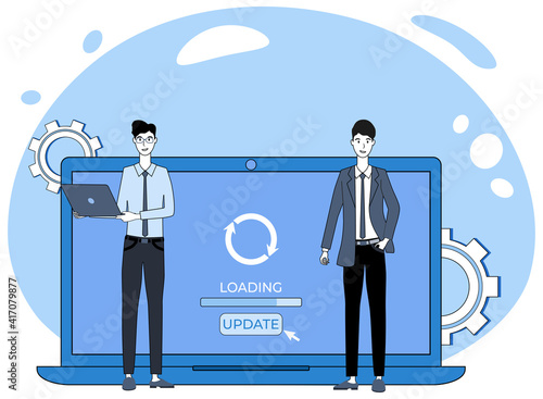 Laptop system update.The concept of updating, maintaining and developing the operating system.People in the background of the updated laptop.Flat vector illustration.