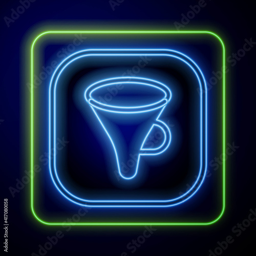 Glowing neon Funnel or filter icon isolated on blue background. Vector.