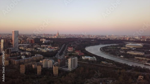 sunset sky moscow cityscape river and university traffic street aerial panorama 4k russia