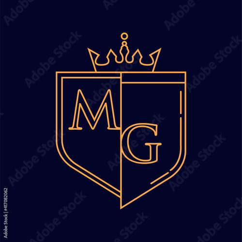 MG initial logotype, colored orange with emblem and crown, line art and classic design, isolated on dark background.