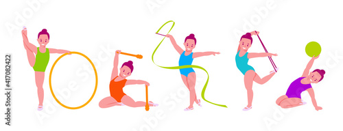 Little girls rhythmic gymnasts with various gymnastic objects. Set of vector illustrations in flat cartoon style. Isolated on a white background.
