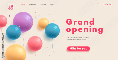 grand opening web banner for shopping mall website home page with multicolored transparent round balloons and button gifts for you