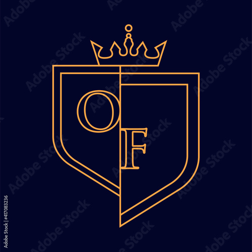 OF initial logotype, colored orange with emblem and crown, line art and classic design, isolated on dark background.