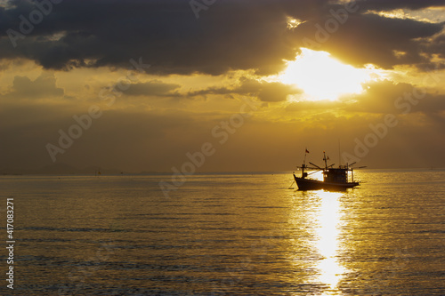 ship in the sea ,Fishing boats at sunset, Bang Lamung, Chon Buri, Thailand © chanin