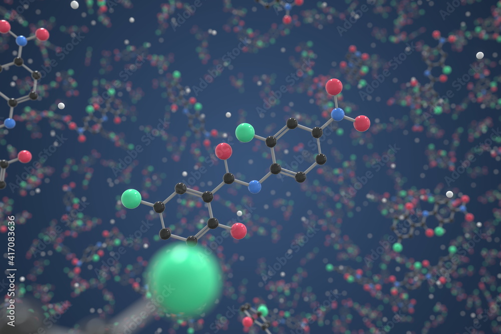 Molecule of Niclosamide. Molecular model, science related 3d rendering Molecule of Niclosamide. Molecular model, science related 3d rendering