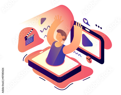 Illustration of the work of a blogger, content creator. Man is leaning out of the smartphone. The man is holding the "light". Emphasis on working with video. Abstract background with icons. Vector.