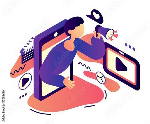 Internet blogger activity illustration. A man shouts into a megaphone from the phone screen. Abstract background with various icons. Vector, isometry.