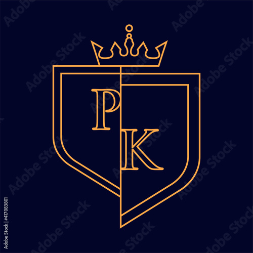 PK initial logotype, colored orange with emblem and crown, line art and classic design, isolated on dark background.