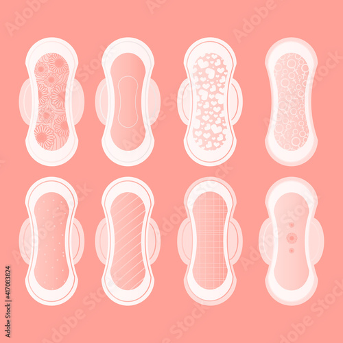 Set of sanitary pads on pink background, defferent design of menstrual napkins, woman health care theme