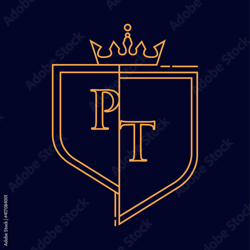 PT initial logotype, colored orange with emblem and crown, line art and classic design, isolated on dark background.