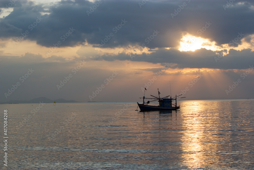 fishing boat at sunset , Fishing boats at sunset, Bang Lamung, Chon Buri, Thailand