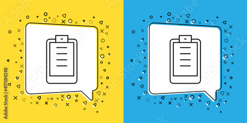 Set line Clipboard with checklist icon isolated on yellow and blue background. Control list symbol. Survey poll or questionnaire feedback form. Vector.