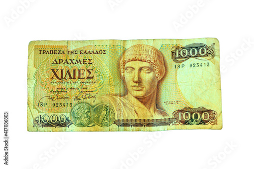 Old Greek money. Paper banknotes in denominations of 1000 drachmas. Isolated on white.