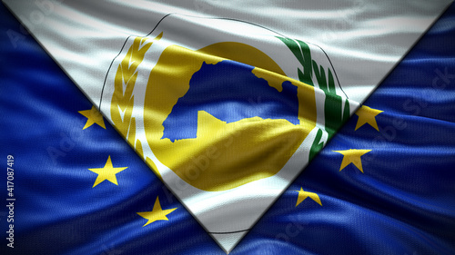 Foto European Union Flag and Arab Maghreb Union Flag waving with texture sky Cloud an