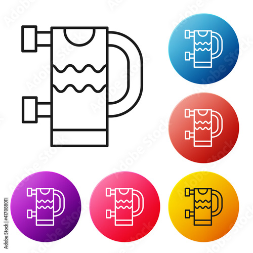Black line Heated towel rail icon isolated on white background. Set icons colorful circle buttons. Vector.