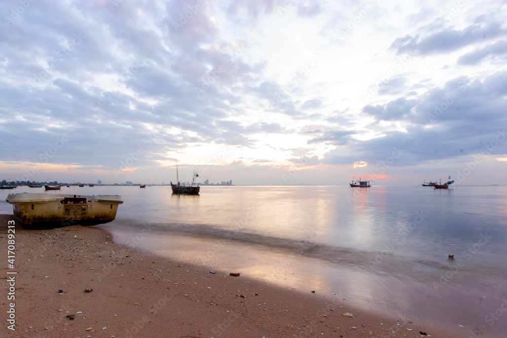 boat on the beach , Fishing boats at sunset, Bang Lamung, Chon Buri, Thailand