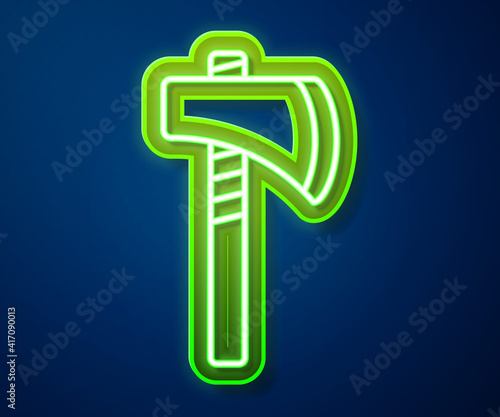 Glowing neon line Native american tomahawk axe icon isolated on blue background. Vector.