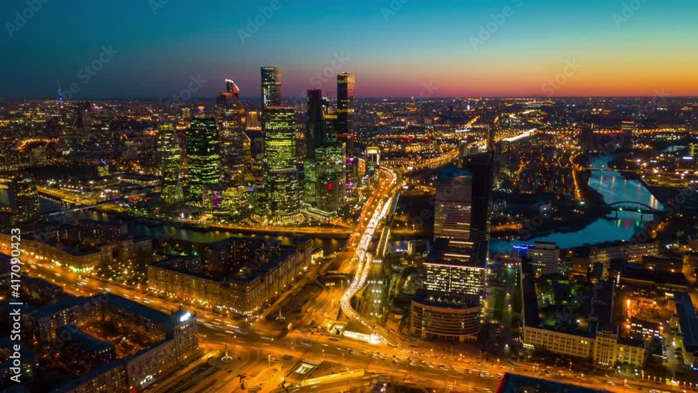 sunset sky night illuminated moscow city traffic street aerial cityscape panorama 4k timelapse russia sunset sky night illuminated moscow city traffic street aerial cityscape panorama 4k timelapse russia