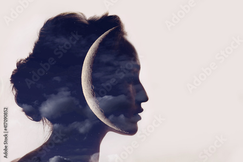 Fotografie Beautiful woman profile silhouette portrait with moon in head