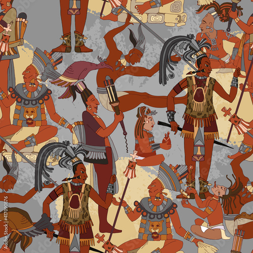 Ancient Mayan. Mural Painting. Seamless pattern. Historical art. Ancient mexican history. Old frescos style. Aztec and Inca people. Pyramid and tribe. Maya background