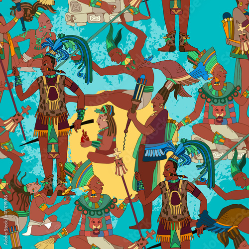 Ancient Mayan. Mural Painting. Seamless pattern. Maya background. Historical art. Ancient mexican history. Old frescos style. Aztec and Inca people