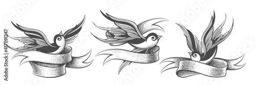 Flying Swallows with Ribbon Tattoo Element Set