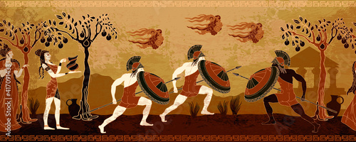 Ancient Greece battle scene. Horizontal seamless pattern. Greek vase painting concept. Spartan warriors. Meander circle style. Red figure techniques. Mythology and legends photo